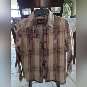 Carhartt Women's Tan and Brown Plaid Button-Down Shirt